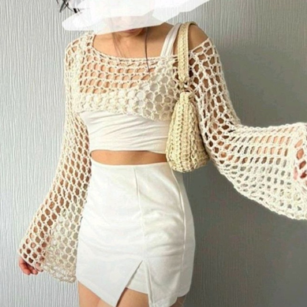 off the shoulder crochet shrug/ sweater